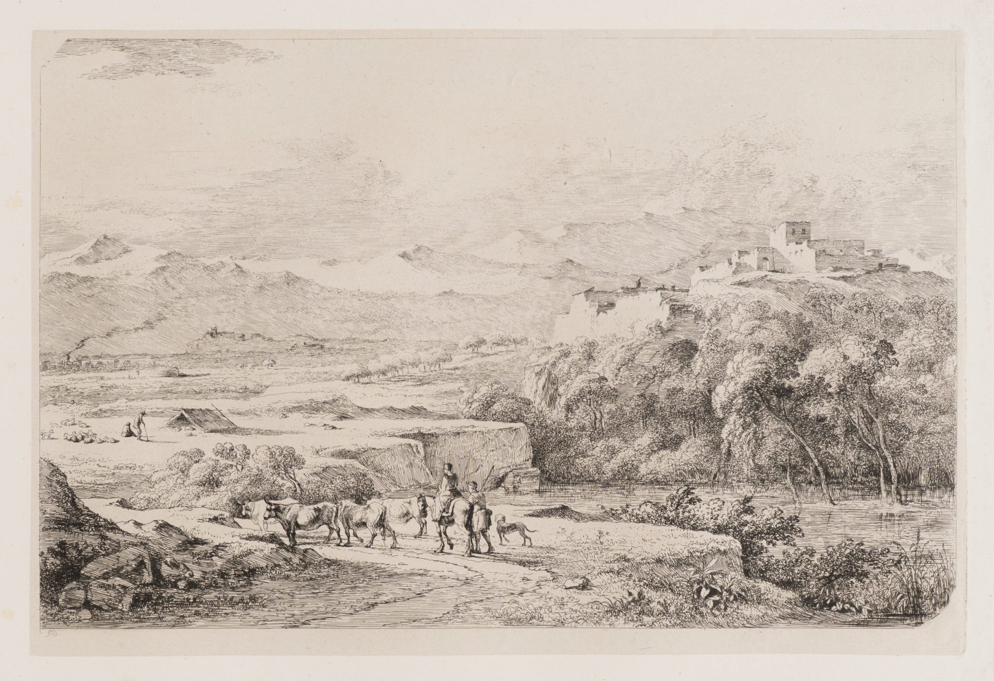 Reisende mit Vieh in Gebirgslandschaft
