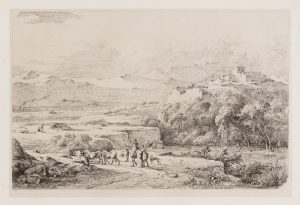 Reisende mit Vieh in Gebirgslandschaft