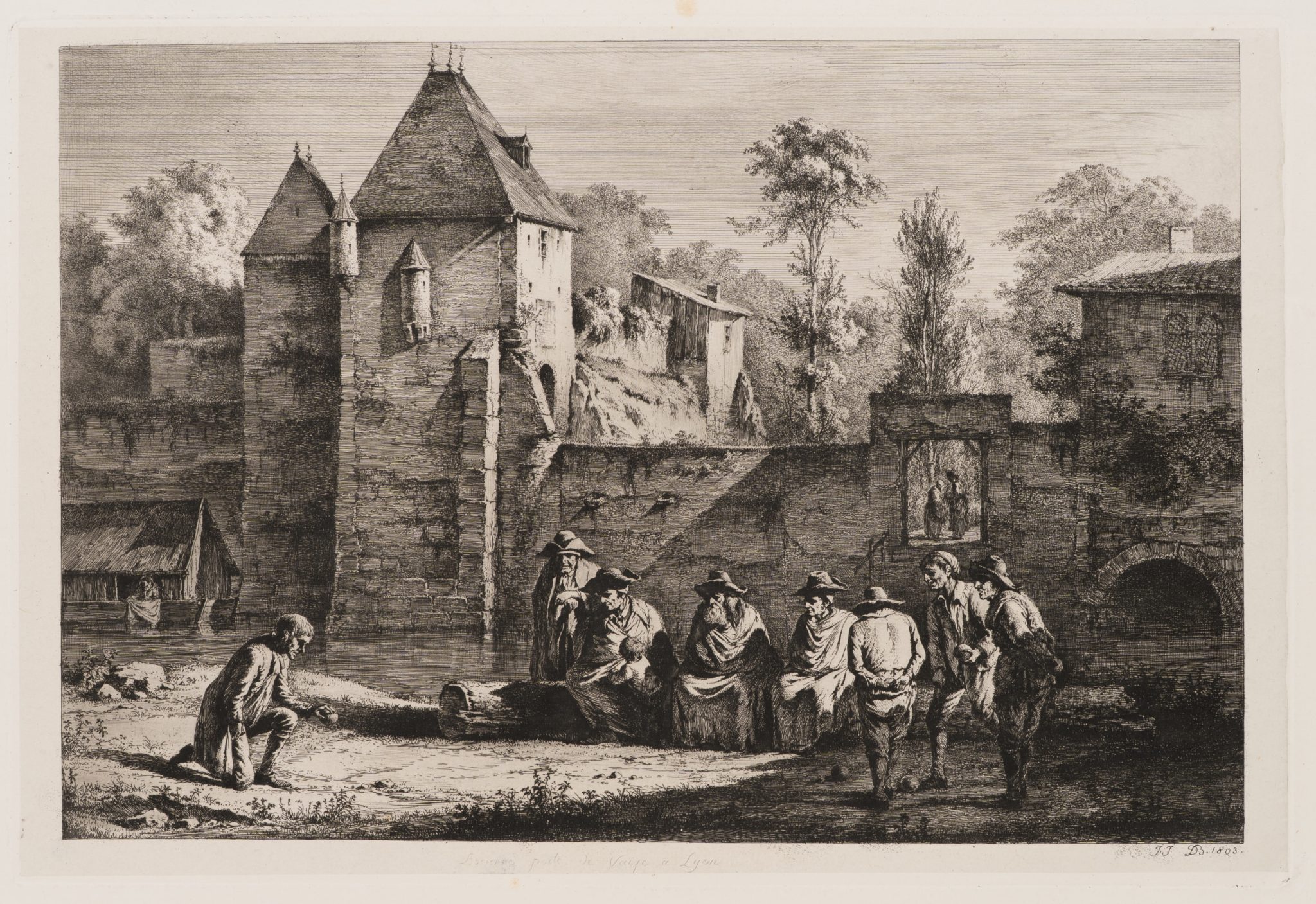 Boule-Spieler am alten Tor von Vaise bei Lyon