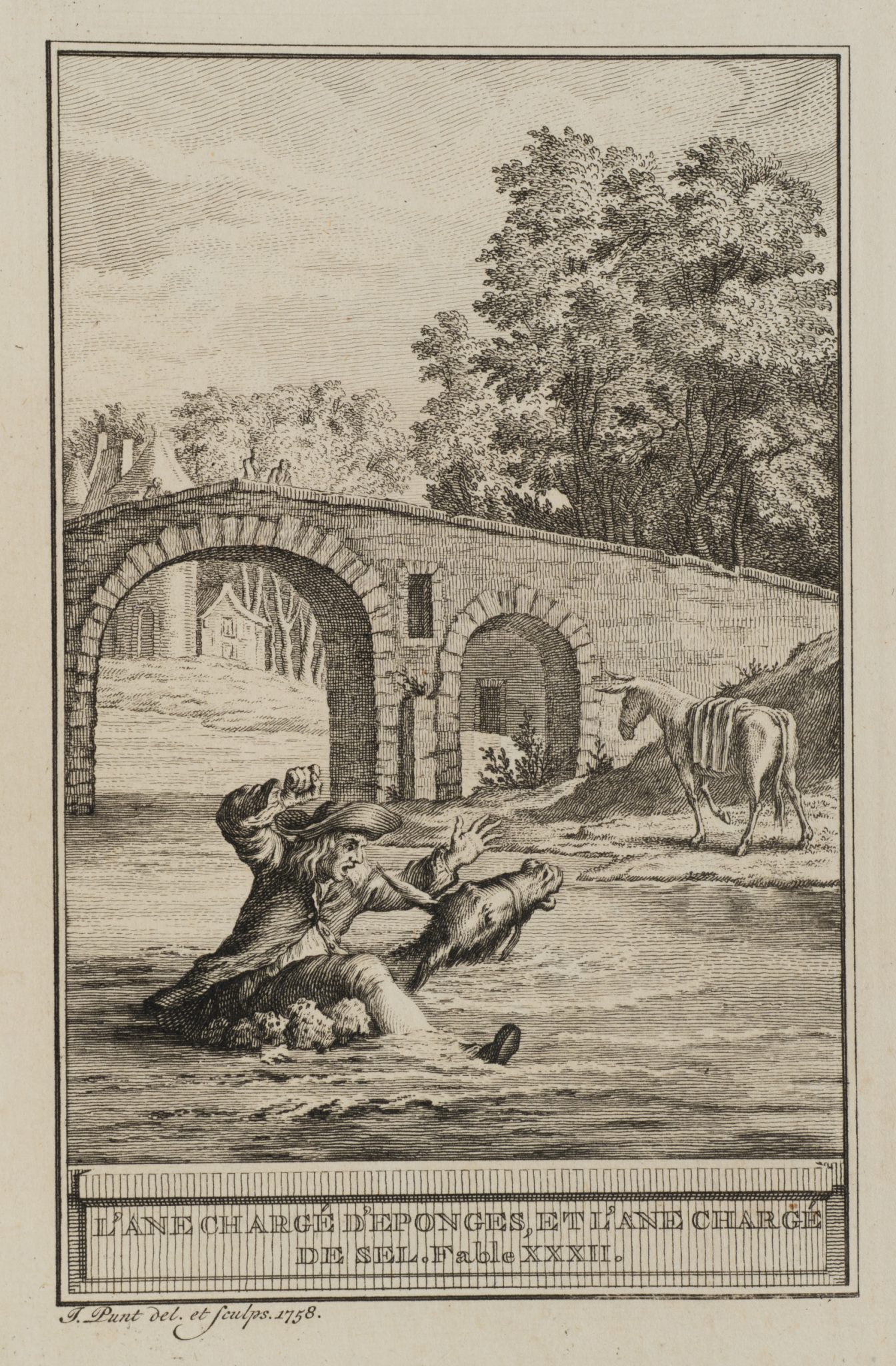 Esel und Mann an einer Brücke