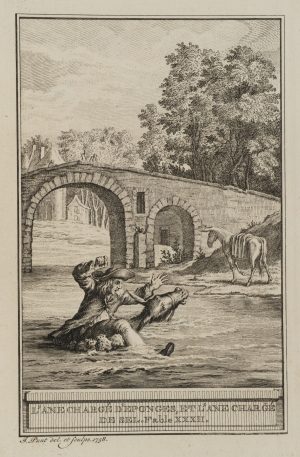 Esel und Mann an einer Brücke