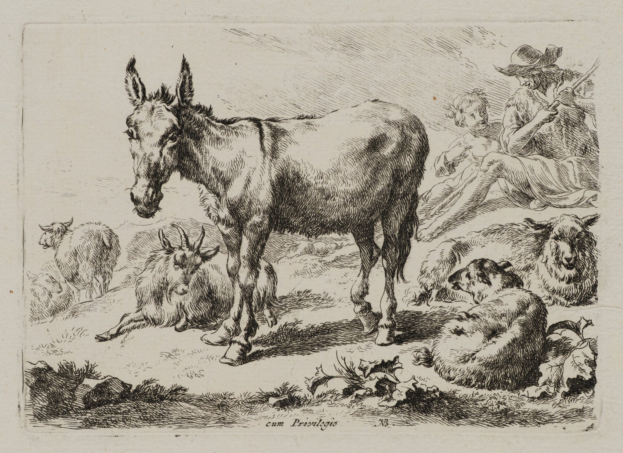 Esel mit Ziege und Schafen