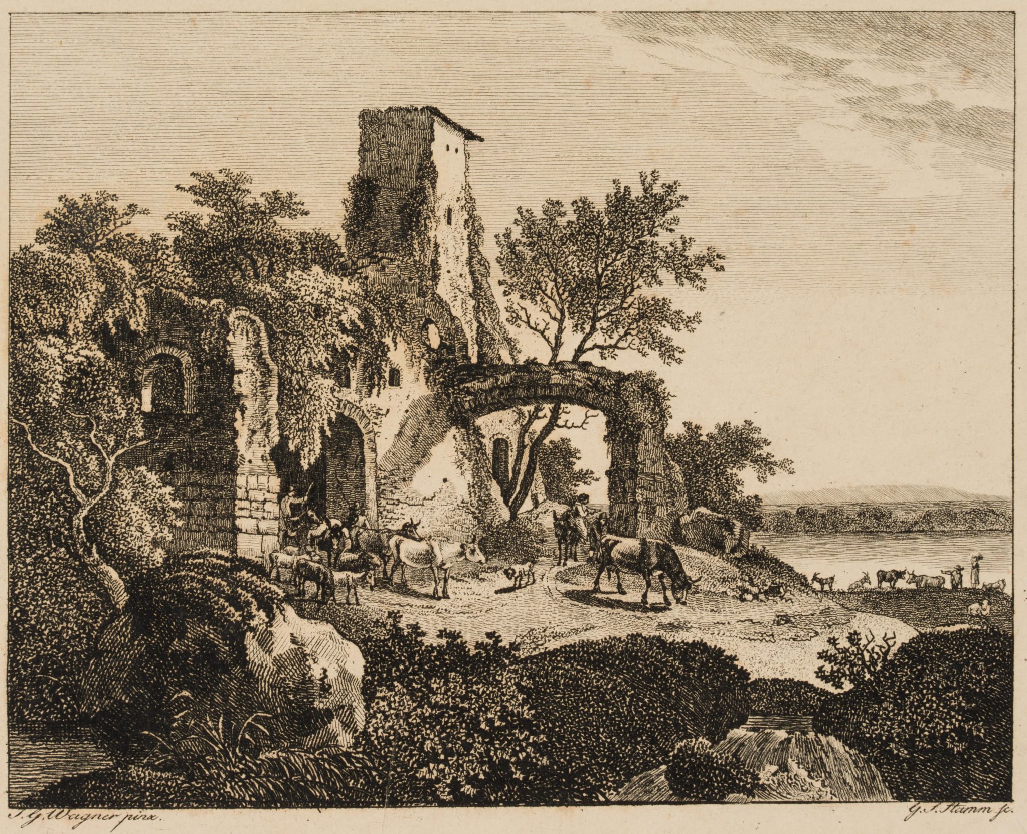 Viehhirten bei romantischer Ruine