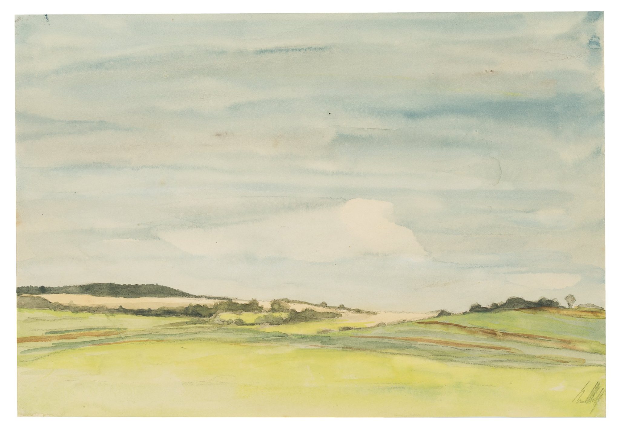 Leuchtende Hügellandschaft unter blaugrauem Himmel
