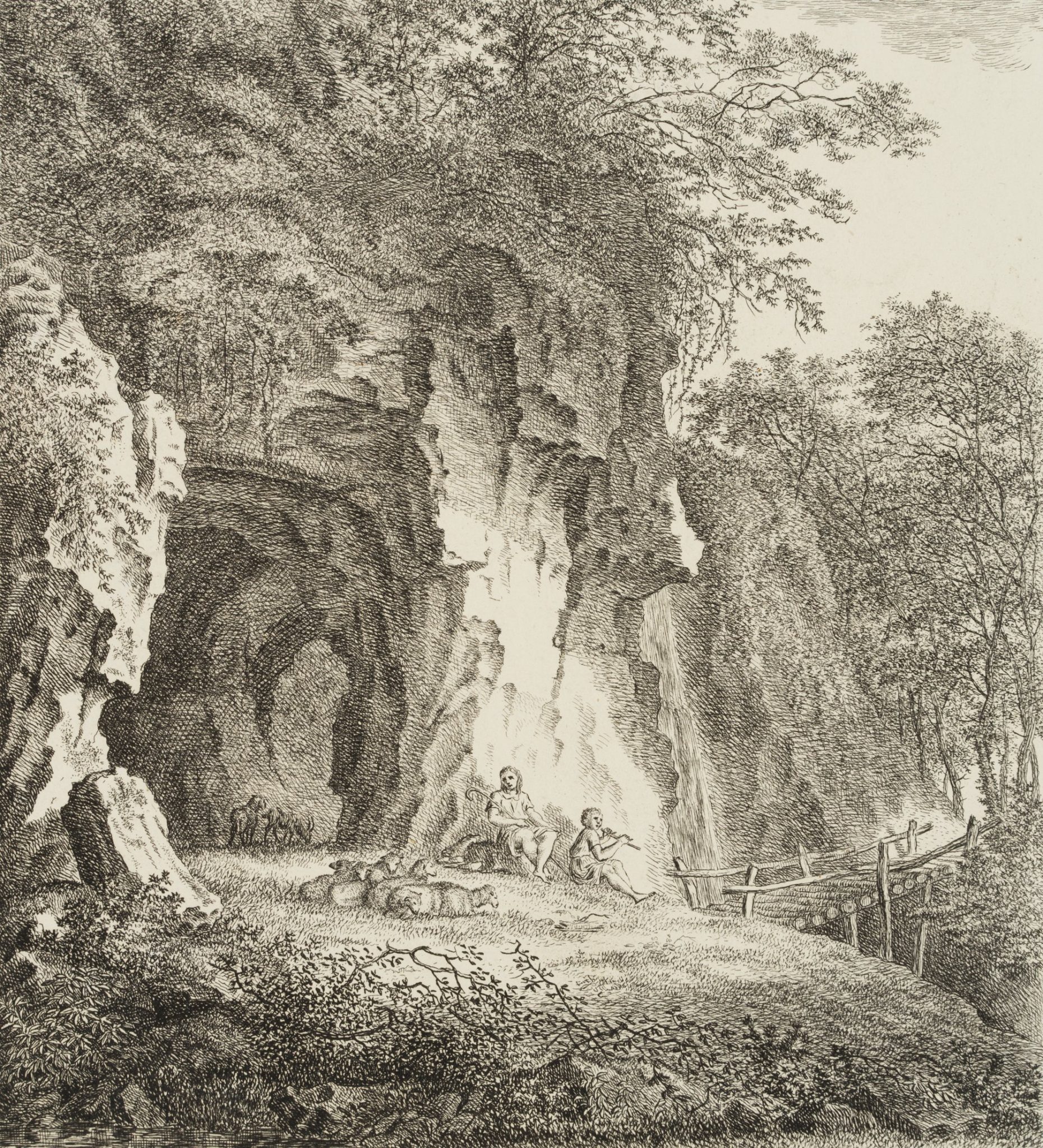 Schäferidyll, Hirte mit Knabe an Felshöhle neben Schlucht