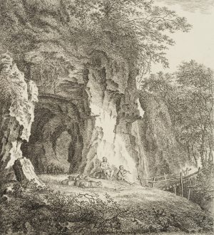 Schäferidyll, Hirte mit Knabe an Felshöhle neben Schlucht