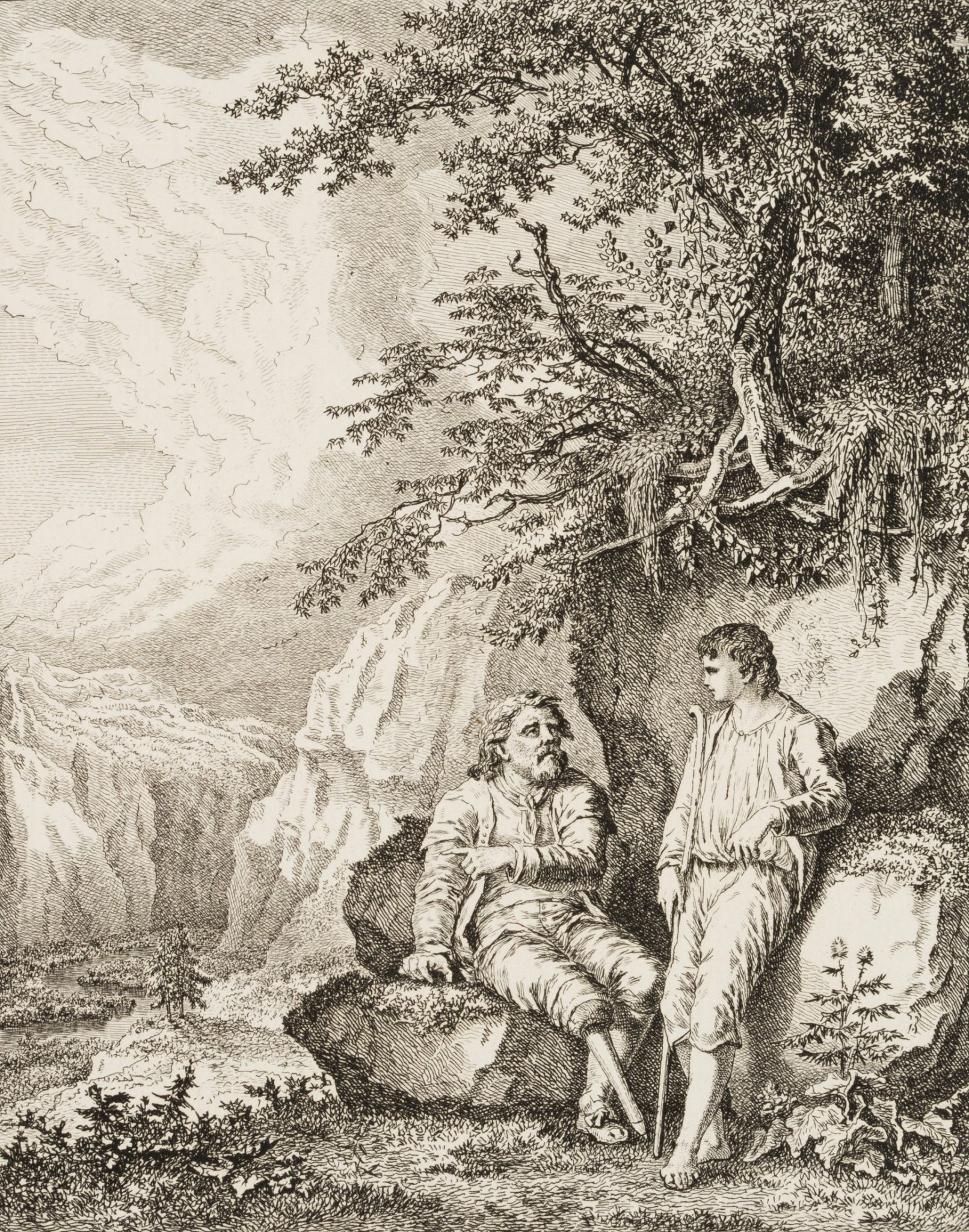 Schäferidyll, Hirtenjunge mit Einbeinigem in arkadischer Landschaft