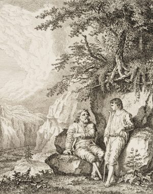 Schäferidyll, Hirtenjunge mit Einbeinigem in arkadischer Landschaft