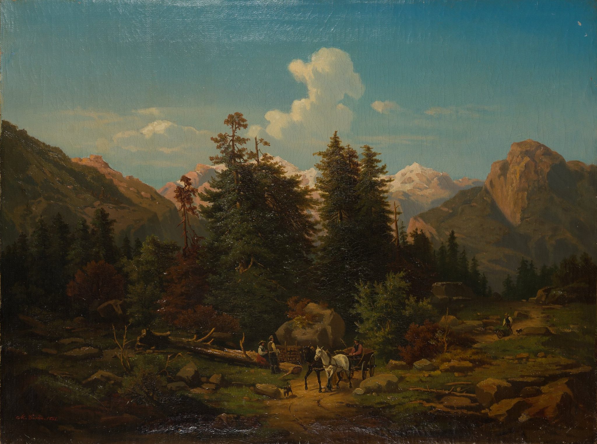 Gebirgslandschaft mit Fuhrwerk und Bauern