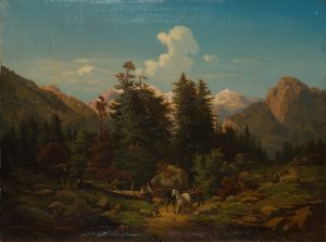 Gebirgslandschaft mit Fuhrwerk und Bauern