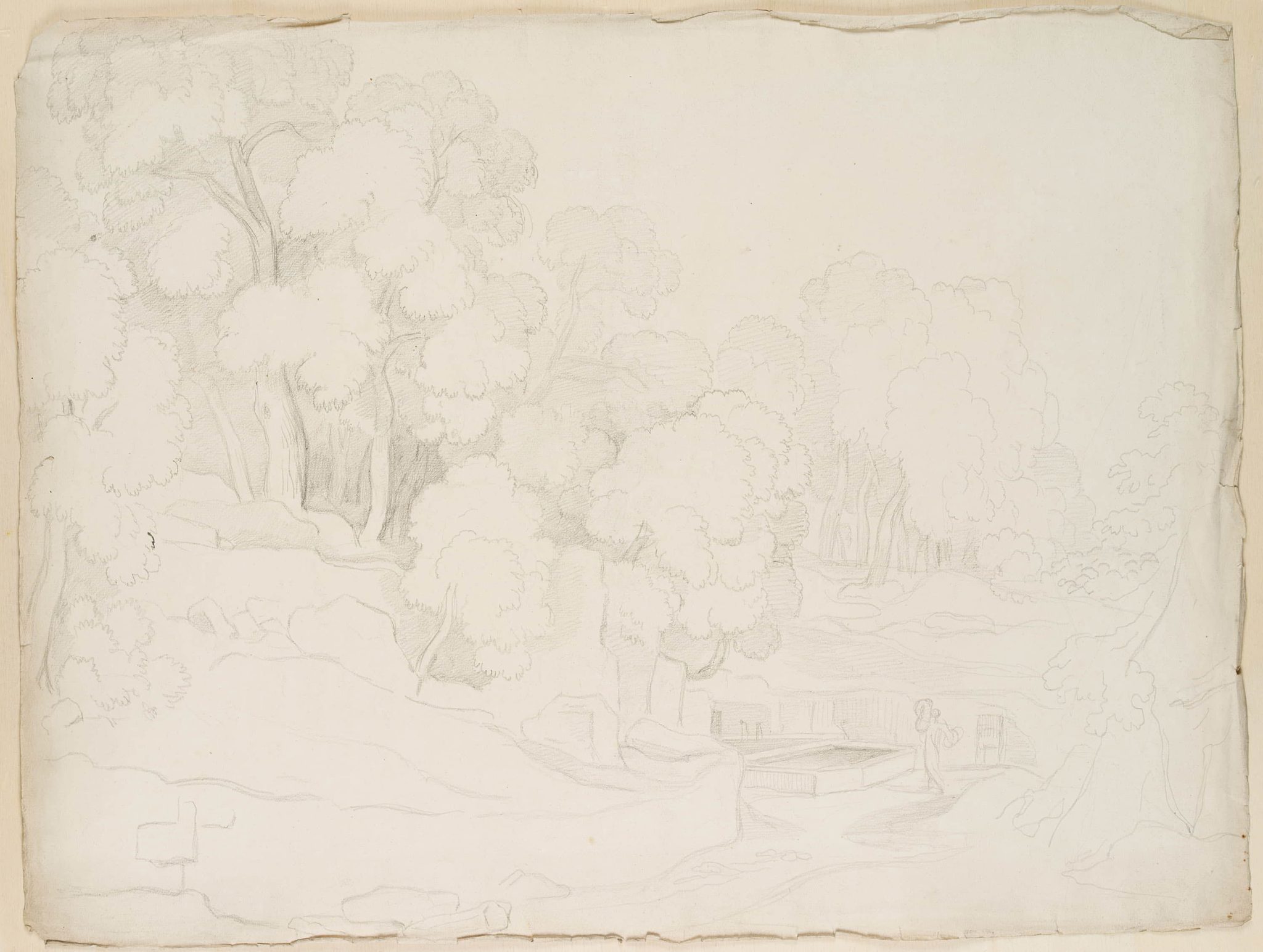 Landschaft mit Figur am Brunnen
