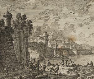 Küste mit Stadt, Ruinen, Figuren