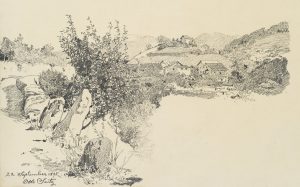 Ortschaft in Hügellandschaft