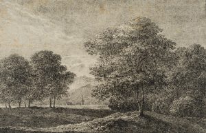 Landschaft am Waldrand mit Dorf