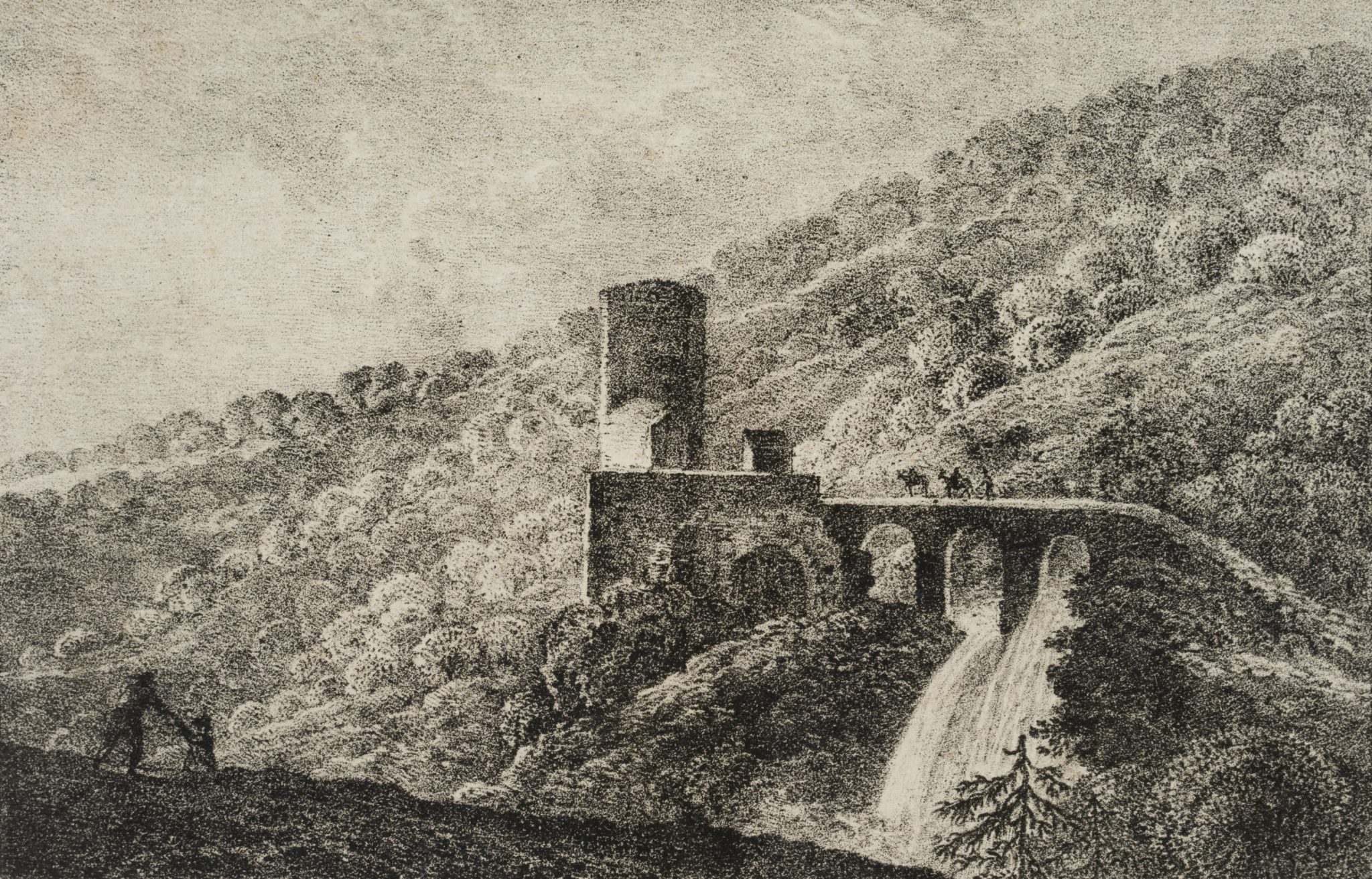Pittoreske Burganlage mit Wasserfall