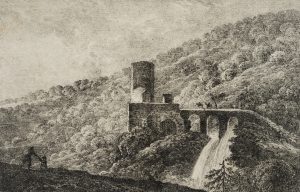 Pittoreske Burganlage mit Wasserfall