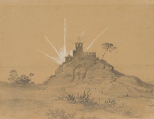 Burgruine vor untergehender Sonne