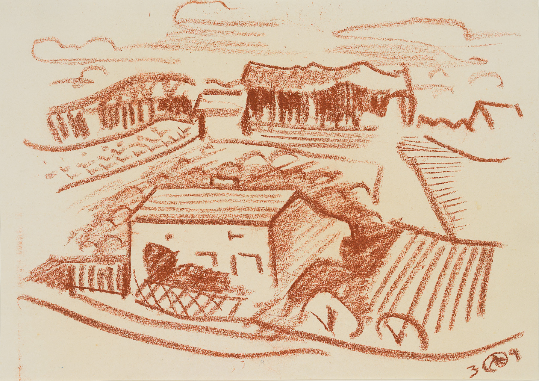 Landschaft mit Häusern und Feldern
