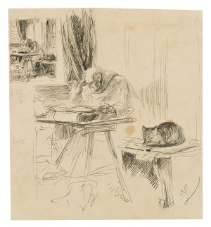Lesender Mönch mit Katze