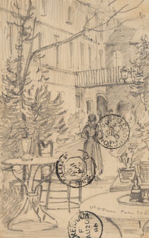 Skizzierter Innenhof mit Frau