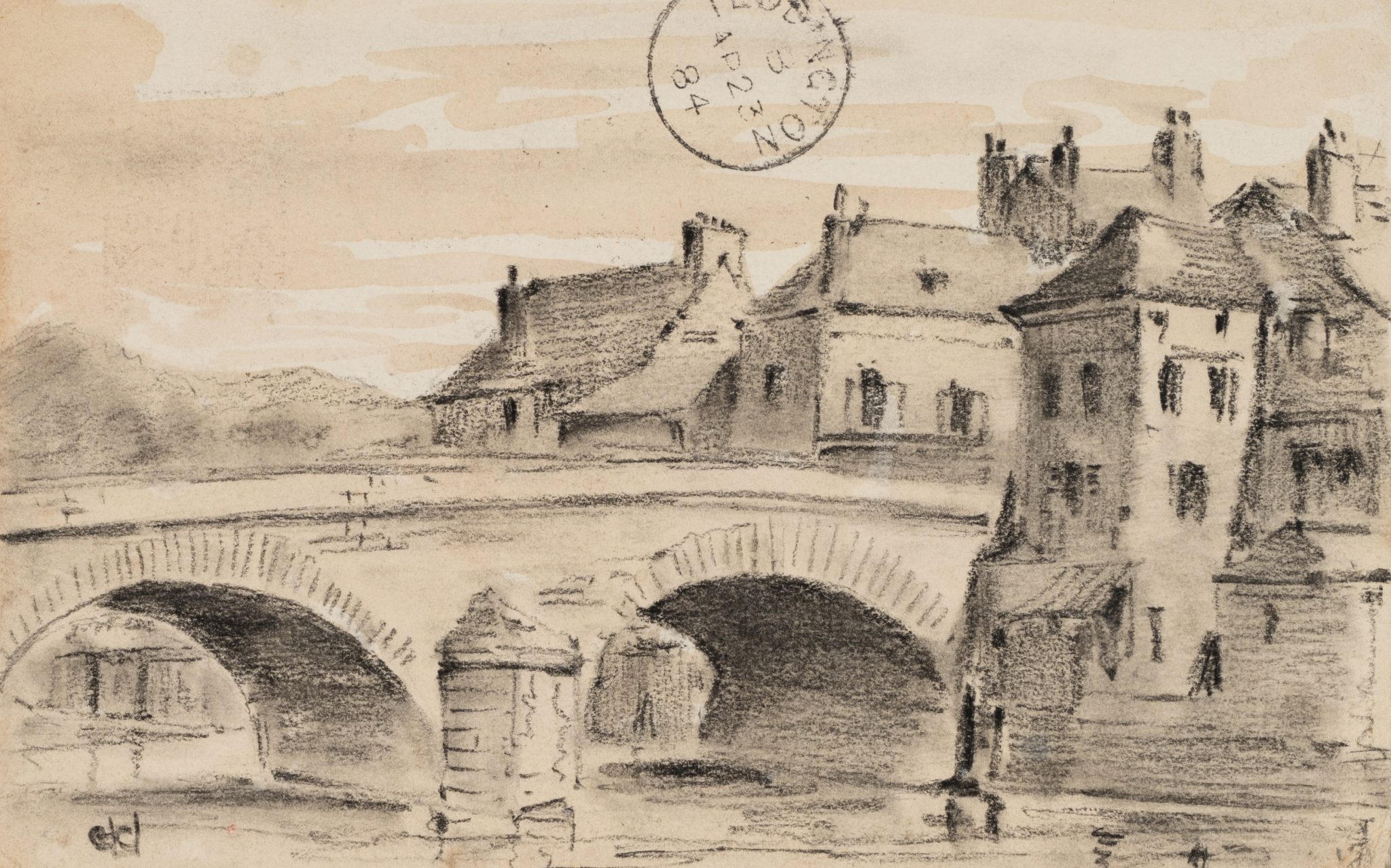 Französische Stadtlandschaft mit Brücke