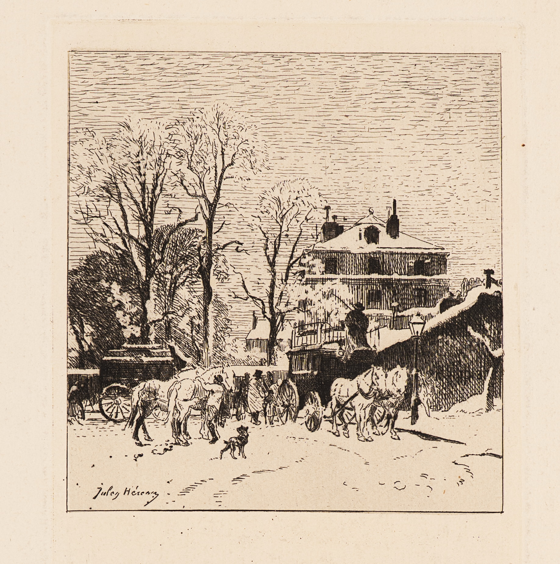 Eine Omnibusstation in Paris (Schnee-Effekt)