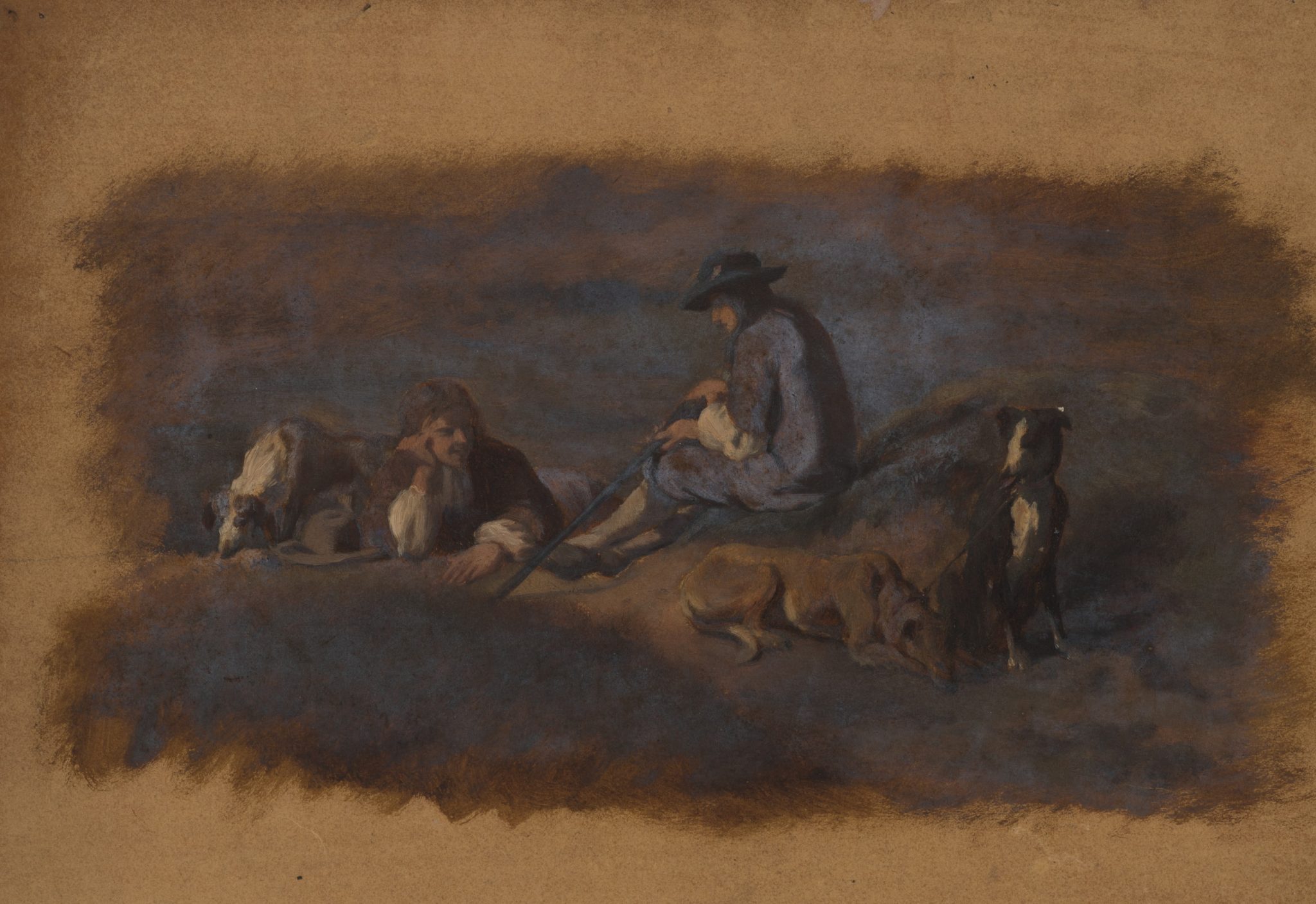 Ruhende Männer mit Hunden